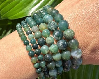 Moss Agate Crystal Bracelet, 4mm, 6mm, 8mm Bead Stretch Bracelets, Grade A Natural Gemstone Jewelry, Green Agate Bracelet, Wholesale Bulk