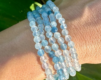 Aquamarine Crystal Bracelet, 4mm Faceted Aquamarine Bracelet, Authentic Beaded Bracelets with Natural Gemstones