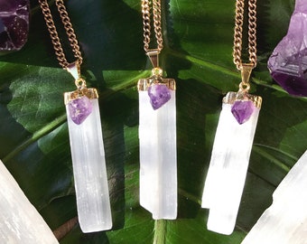 SELENITE & AMETHYST Crystal Necklace on Antique Gold Chain | Natural Selenite Blade Pendant, Crystals for Intuition, Stress Relief, Anxiety