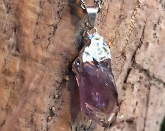 RAW AMETHYST Crystal Necklace on Silver Pewter Chain | Purple Crystal Electroplated Pendant, Crystal Healing Necklace