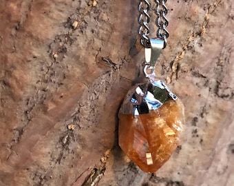 RAW CITRINE Crystal Necklace on Silver Pewter Chain | Yellow Quartz Electroplated Pendant, Crystal Healing Necklace, Rough Citrine Pendant