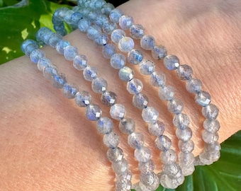 Labradorite Bracelet, 4mm Faceted Labradorite Crystal Bracelet, Small Beaded Bracelets with Natural Healing Gemstones