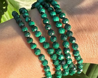 Malachite Bracelet, Faceted 4mm Crystal Bracelet made with Natural Malachite Beads, Authentic Gemstone Bead Bracelets with Natural Stones