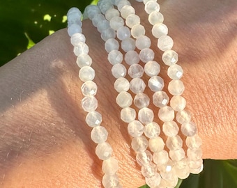 Moonstone Bracelet, 4mm Rainbow Moonstone Faceted Crystal Bracelet, Small Bead Bracelets with Natural Gemstones