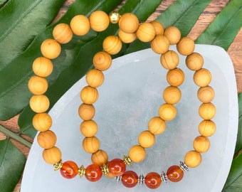 Carnelian & Sandalwood Bracelet | Crystal Bracelet for Abundance, Courage | Sacral 2nd Second Chakra