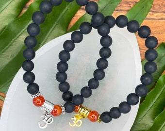 Carnelian & Onyx Bracelet | For Abundance, Creativity | Choose Charm: Om, Tree of Life, Ankh | Sacral 2nd Chakra Om Bracelet