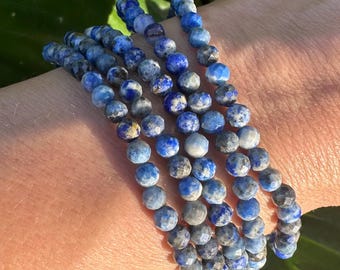 Lapis Lazuli Bracelet, 4mm Faceted Lapis Bracelet, Authentic Beaded Bracelets with Natural Gemstones, Small Bead Stackable Bracelet