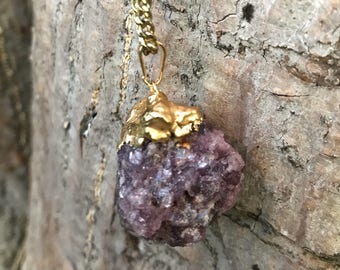 RAW LEPIDOLITE Crystal Necklace on Antique Gold Chain | Purple Lepidolite Electroplated Pendant, Crystal Healing Necklace