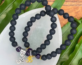 Amethyst & Onyx Bracelet | Choose Charm: Om, Tree of Life, Ankh | Sixth Chakra Bracelet For Intuition Vision | Third Eye 6th Chakra