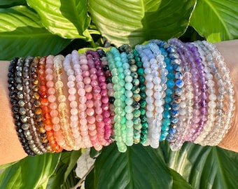 4mm Crystal Bracelets with Faceted Beads, Tiny 4mm Bead Gemstone Crystal Stretch Bracelet, 100% Natural Authentic Grade A Crystal Jewelry