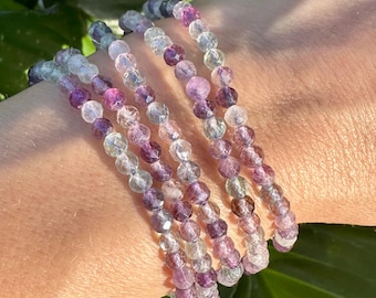 Fluorite Bracelet, 4mm Rainbow Fluorite Faceted Crystal Bracelet, Authentic Beaded Bracelets with Natural Gemstones, Small Bead Bracelet