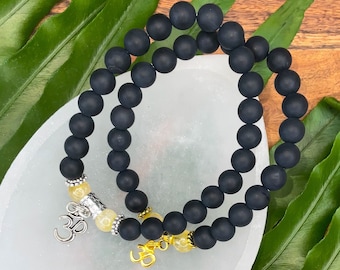 Citrine & Onyx Bracelet  | For Confidence Power  | Choose Charm: Om, Tree of Life, Ankh | Solar Plexus 3rd Chakra Om Bracelet