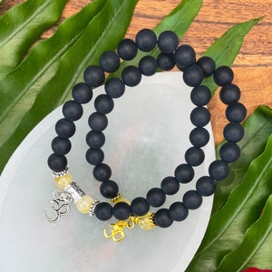 Citrine & Onyx Bracelet  | For Confidence Power  | Choose Charm: Om, Tree of Life, Ankh | Solar Plexus 3rd Chakra Om Bracelet