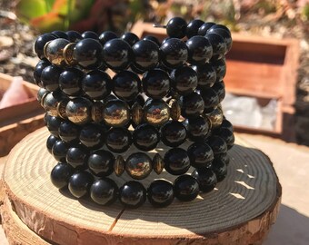 OBSIDIAN & PYRITE Unisex Mala Bracelet | Mens Men's 108 Mala Beads | Yoga, Meditation Beads | Wrist Mala | Root Chakra Crystal Healing