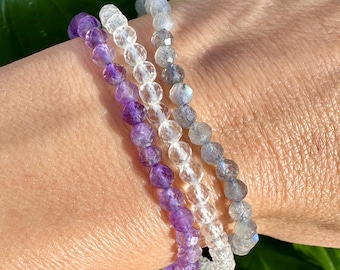 Bracelet Set for Anxiety & Stress Relief | Amethyst, Labradorite, Clear Quartz | 4mm Bead Crystal Bracelet Gift Set, Crystal Healing Jewelry