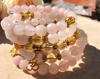 ROSE QUARTZ & CITRINE Mala Beads | 108 Bead Crystal Wrist Mala | Mala Bracelet | Om Meditation | Prayer Beads | Heart Chakra Yoga Beads