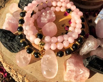 ROSE QUARTZ & OBSIDIAN Mala Beads 108 | Genuine Rose Quartz Gemstone Mala | Crystal Healing Heart Chakra | Yoga Prayer Beads | Mantra