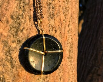 BLACK TOURMALINE Unisex Crystal Necklace on Antique Gold Chain | Tourmaline Doughnut Donut Pendant, Crystal Healing Round Circle Necklace