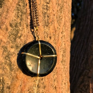 BLACK TOURMALINE Unisex Crystal Necklace on Antique Gold Chain | Tourmaline Doughnut Donut Pendant, Crystal Healing Round Circle Necklace