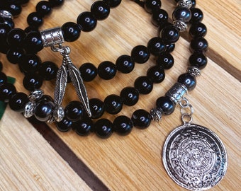 OBSIDIAN Mala | Mayan Calendar Necklace | 108 Mala Beads Necklace | Meditation Prayer Beads, Yoga Jewelry Spiritual Gifts, Obsidian Necklace