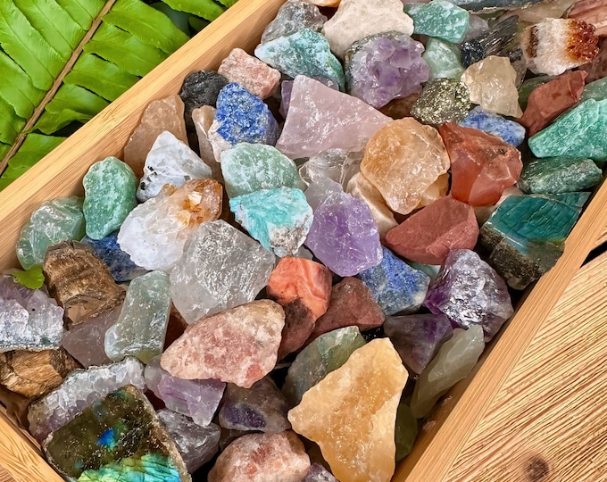 Featured listing image: Mystery Bag of Assorted Crystals, Natural Raw Gemstones, Wholesale Rough Crystal Lot in Ounces, Pounds. Quartz, Agates, Jaspers & more!