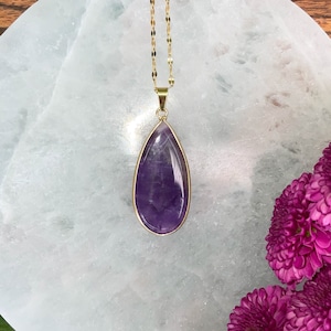 Amethyst Large Teardrop Crystal Gold Necklace | 100% Natural Authentic Gemstone Crystal Healing Jewelry | Purple Pendant Charm Necklace