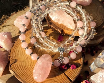 ROSE & CLEAR QUARTZ Meditation Mala | 108 MalaBeads | Genuine Rose Quartz Crystal Healing Om Mala | Heart Chakra Yoga Prayer Beads | Mantra