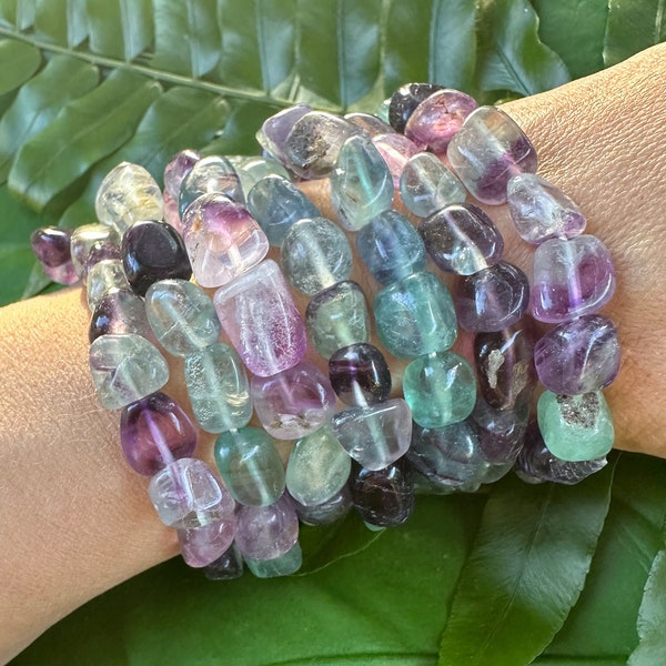 Fluorite Bracelet, Tumbled Fluorite Crystal Stretch Bracelet, Green Purple Rainbow Fluorite, Natural Polished Gemstone Beads