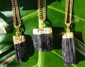 Raw BLACK TOURMALINE Crystal Necklace on an Antique Gold Chain | Electroplated Black Tourmaline Pendant, Crystal Healing Chain Necklace