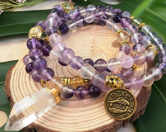 PISCES Zodiac Mala Beads | 108 Bead Mala for February March Birthday | Meditation Yoga Beads, 108 Mala Necklace, Mayan Rose, Fluorite Mala