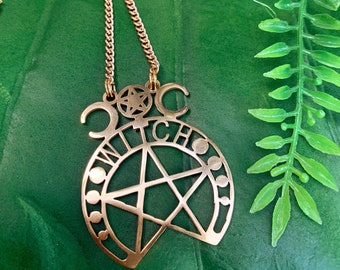 Witch Necklace | Gold Triple Moon Necklace | Pentagram Necklace | Wicca, Wiccan, Pagan Jewelry | Sacred Geometry Jewelry, Mayan Rose