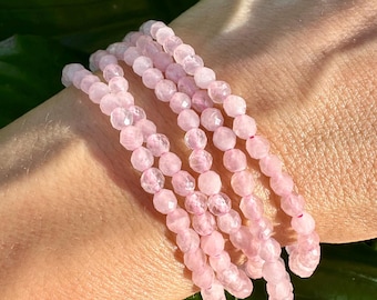 Rose Quartz Crystal Bracelet, Faceted 4mm Gemstone Bracelet made with Natural Rose Quartz Beads, Small Bead Gemstone Bracelets