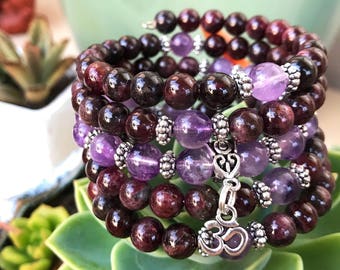 GARNET & AMETHYST Wrist Mala | 108 Mala Beads | Mala Bracelet | Om Bracelet | Meditation Prayer Beads | Aum Ohm Symbol | Wrap Bracelet