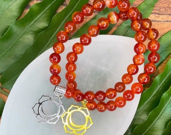 Carnelian Crystal Stretch Bracelet for 2nd Chakra Abundance Creativity, Sacred Geometry Charm | 7 Chakras Natural Beaded Gemstone Bracelet