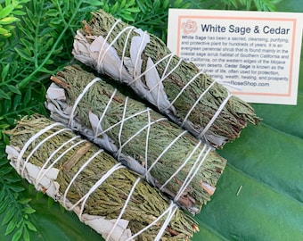 WHITE SAGE & CEDAR Smudge Stick | Sage Bundle for Ceremony, Meditation, Altar, Home Cleansing, Energy, Wicca Smudge Kit | Mayan Rose