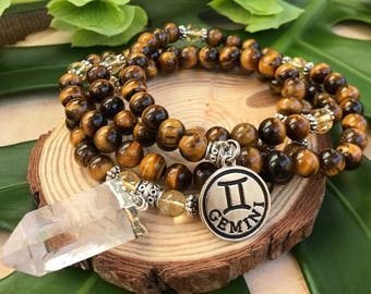 GEMINI Zodiac Mala Beads | 108 Bead Mala for May June Birthday Gift | Meditation Yoga Beads, Prayer Beads, 108 Mala Necklace, Tiger Eye Mala