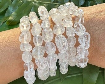 Natural Clear Quartz Stone Bracelet, High Quality Crystal Stretch Bracelet, Handmade Gemstone Beaded Jewelry, One Size, Premium