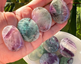 FLUORITE PALM STONE (Grade A Natural), 1.5 inch Tumbled Polished Gemstone for Energy Healing, Meditation Altar, Reiki, Wicca, Metaphysical