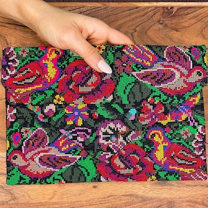 Embroidered Clutch Handbag, Pink Floral Geometric Print Women&#39;s Purse, Boho Hippie Bag, Handmade Hippy Style Purses with Optional Strap