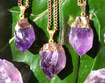 RAW AMETHYST Crystal Necklace on Antique Gold Chain | Purple Crystal Electroplated Pendant, Crystal Healing Necklace |