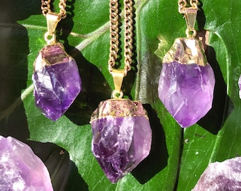 RAW AMETHYST Crystal Necklace on Antique Gold Chain | Purple Crystal Electroplated Pendant, Crystal Healing Necklace |