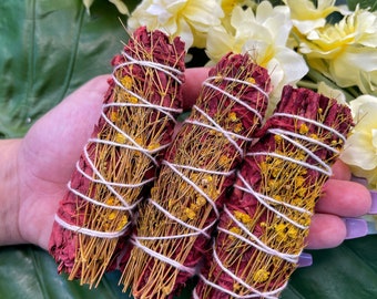 DRAGON'S BLOOD Floral Sage Smudge Stick | Red Sage Bundle for Ceremony, Meditation, Altar, Home Cleansing, Wicca Smudging Kit | Mayan Rose