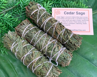 CEDAR SAGE Smudge Stick | Sage Bundle for Ceremony, Meditation, Altar, Home Cleansing, Cleanse, Wicca Smudging Kit | Cedar Smudge Mayan Rose