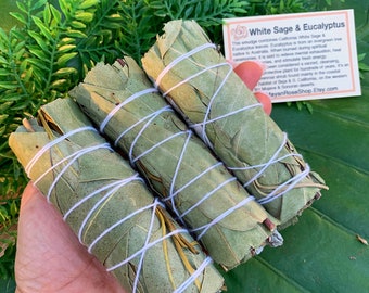 EUCALYPTUS & WHITE SAGE Smudge Stick | Sage Bundle for Ceremony, Meditation, Altar, Home Cleansing, Wicca, Smudging Kit, Mayan Rose