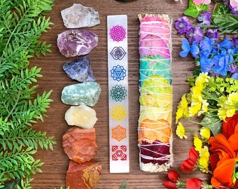 7 Chakras Crystal Gift Set | 7 Chakra Crystals, Sage Smudge & Selenite Wand | Beginner Crystal Set, Spiritual Gift for Her, Crystal Kit