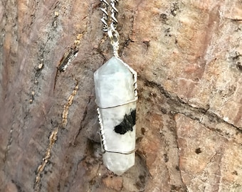 RAINBOW MOONSTONE Double Terminated Pendant | Crystal Necklace on Silver Pewter Chain | Moonstone Point Pendant, Crystal Healing Necklace