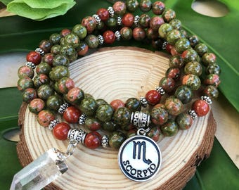 SCORPIO Zodiac Mala Beads | 108 Bead Mala for October November Birthday | Meditation Yoga Beads, 108 Mala Necklace, Mayan Rose, Unakite Mala