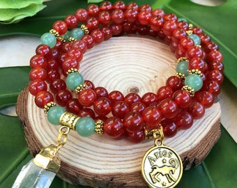 ARIES Zodiac Mala Beads | 108 Bead Carnelian Mala for March April Birthday Gift | Meditation Yoga Beads, Prayer Beads, 108 Mala Necklace