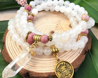 CANCER Zodiac Mala Beads | 108 Bead Quartz Mala for June July Birthday | Meditation Yoga Beads, Prayer Beads, 108 Mala Necklace, Mayan Rose