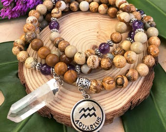 AQUARIUS Zodiac Mala Beads | 108 Bead Mala for February Birthday | Meditation Yoga Beads, 108 Mala Necklace, Mayan Rose, Amethyst Mala